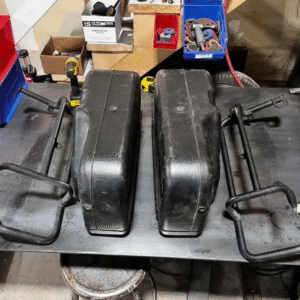 Harley Dyna Defender Saddlebags with Rails – Good Condition, Minor Mod